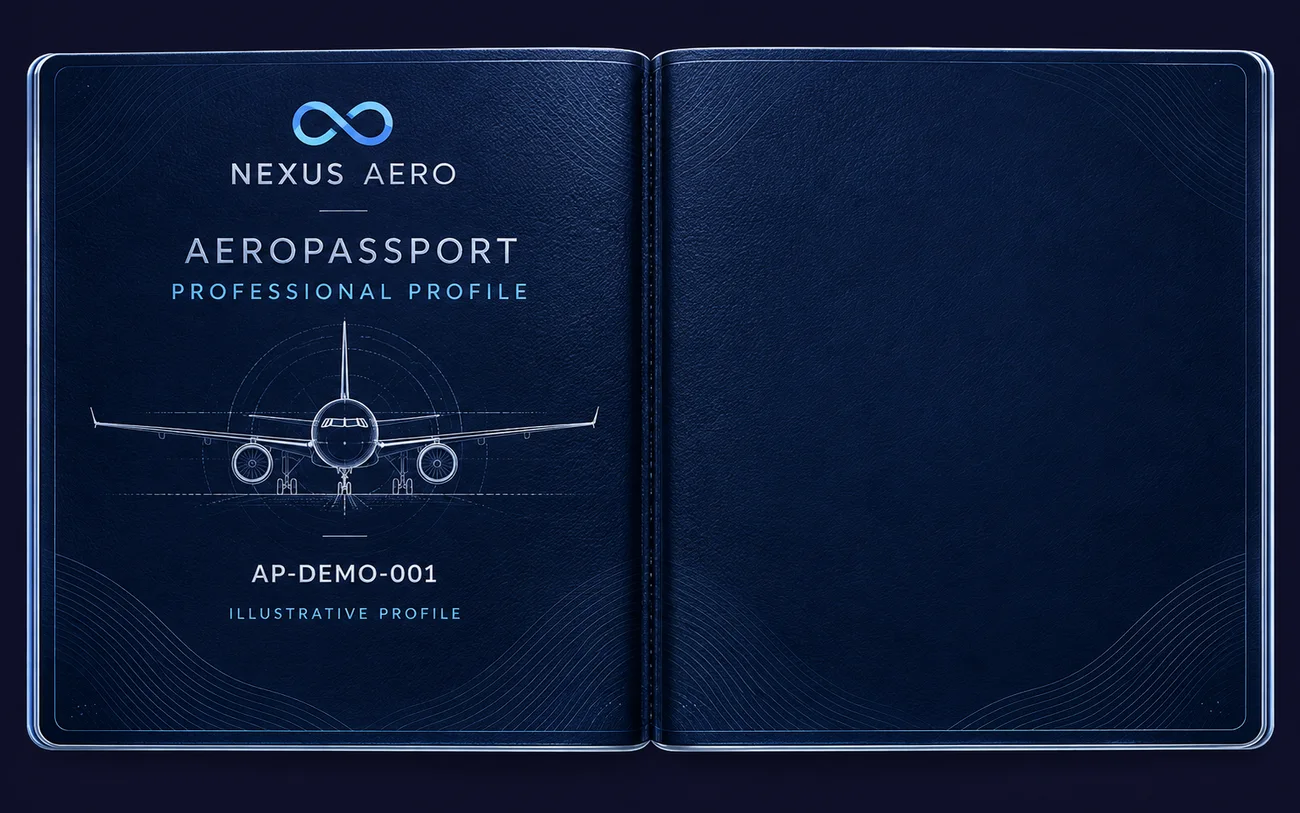 Illustrative two-page AeroPassport, AP-DEMO-001; no real personal information.